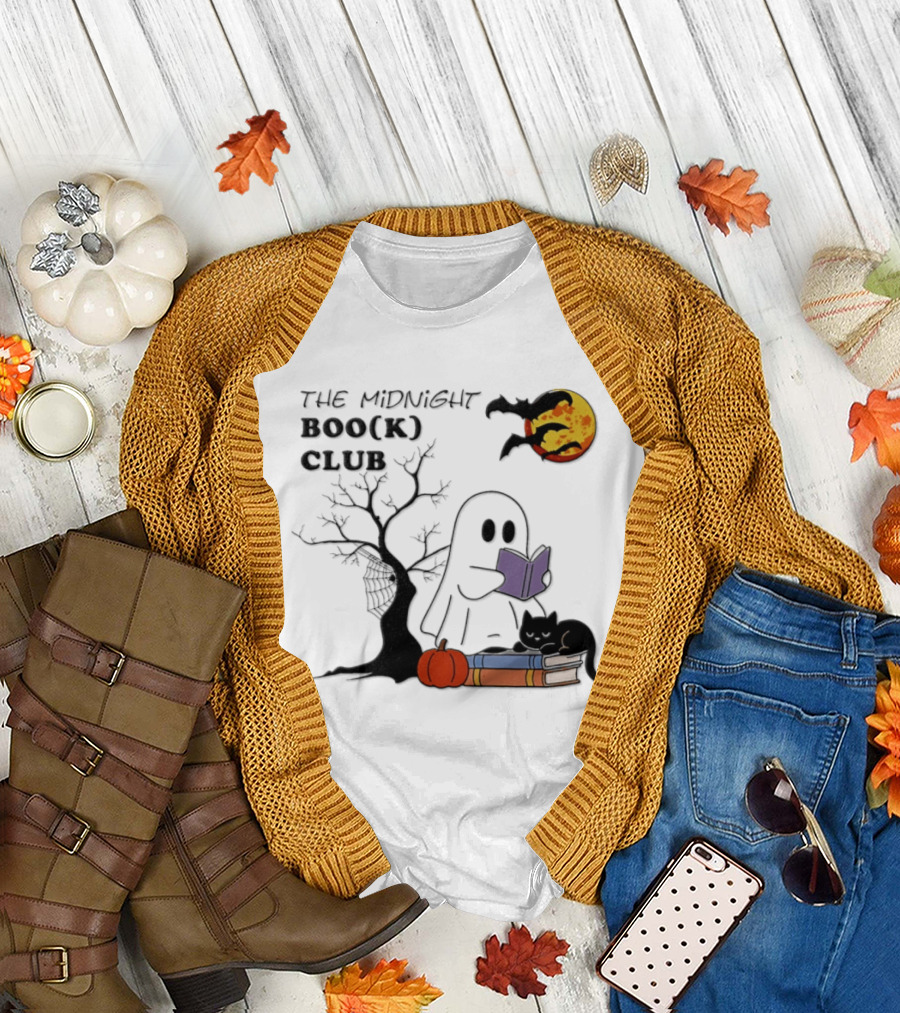 The Midnight Boo(k) Club Halloween Ghost Cat Pumpkin Moon T-Shirt