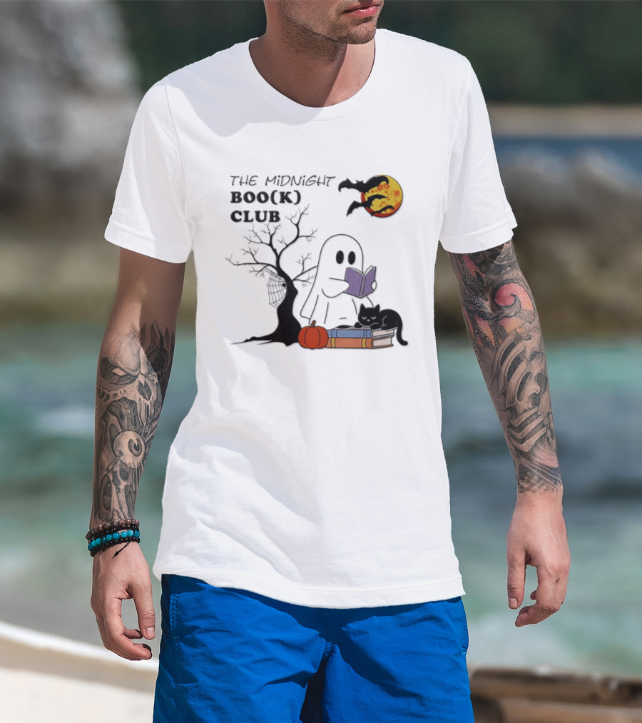 The Midnight Boo(k) Club Halloween Ghost Cat Pumpkin Moon T-Shirt