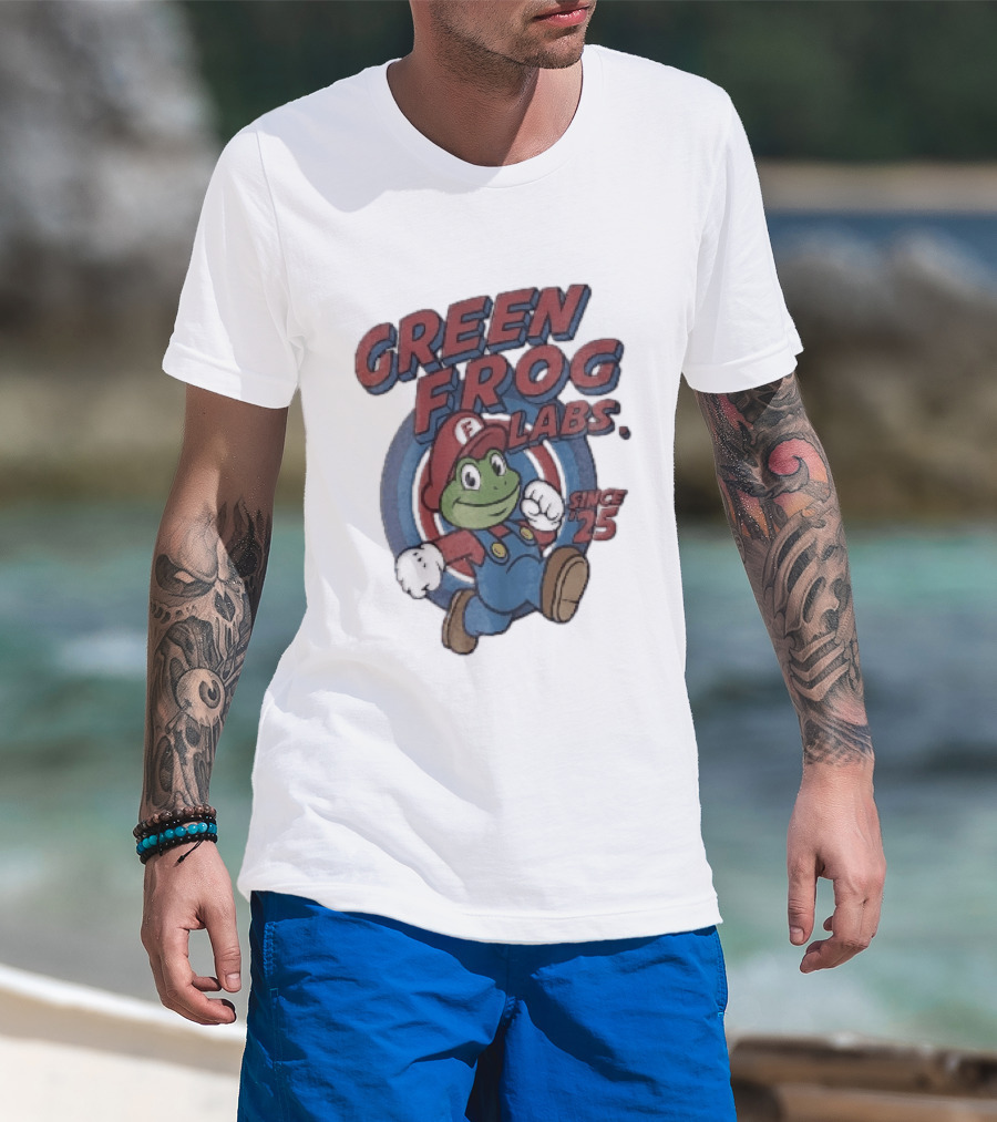 Green Frog Labs Since 25 Cartoon Running Red Cap Blue Overalls T-Shirt