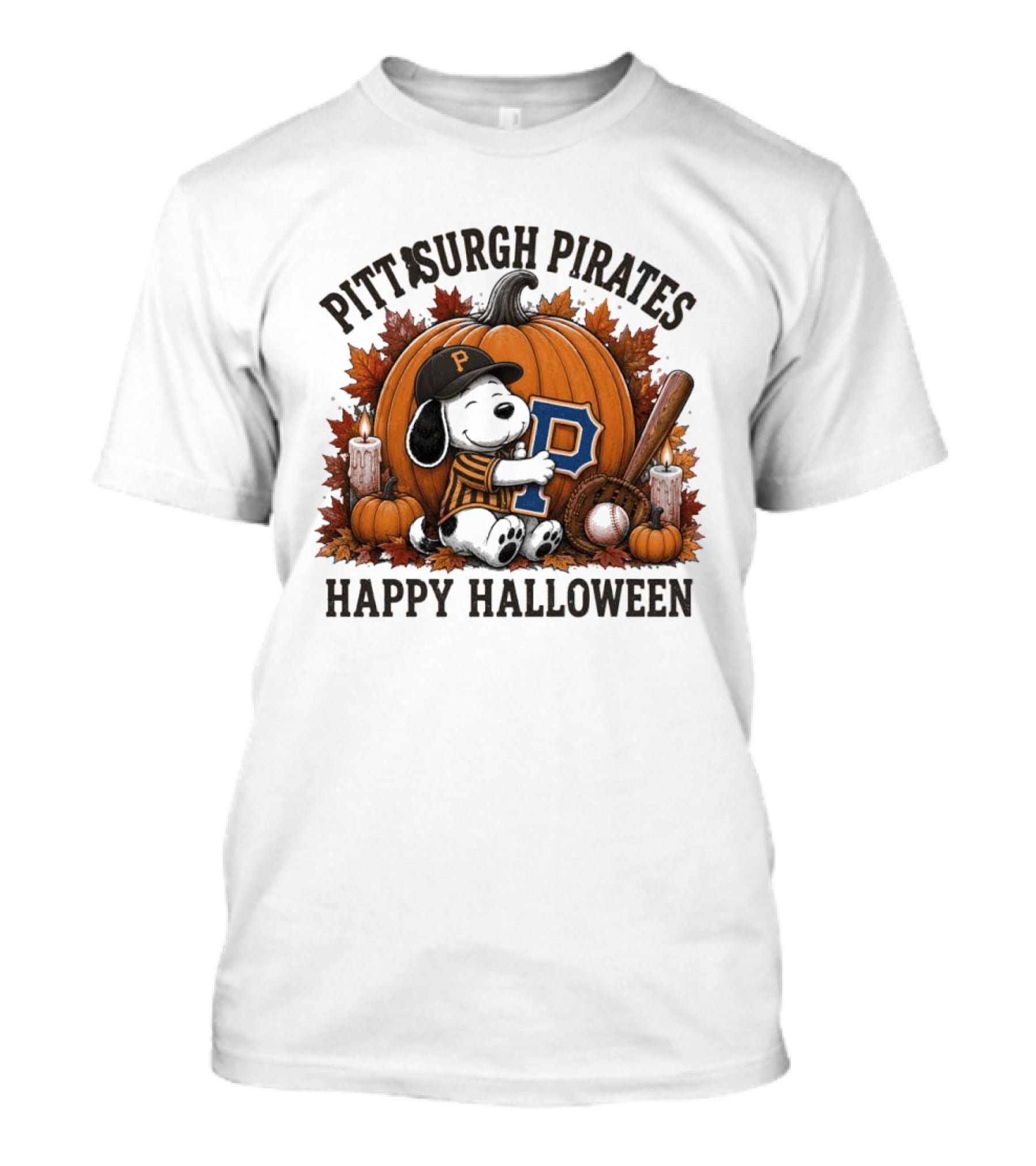 Pittsburgh Pirates Halloween Snoopy Hugging P With Pumpkin And Candles T-Shirt