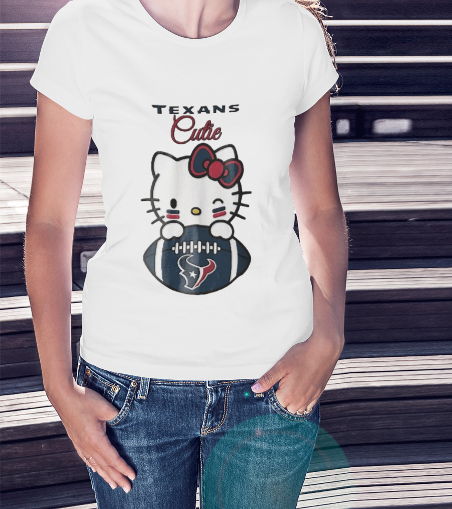 Texans Cutie Cartoon Cat Red Bow Winking Football T-Shirt