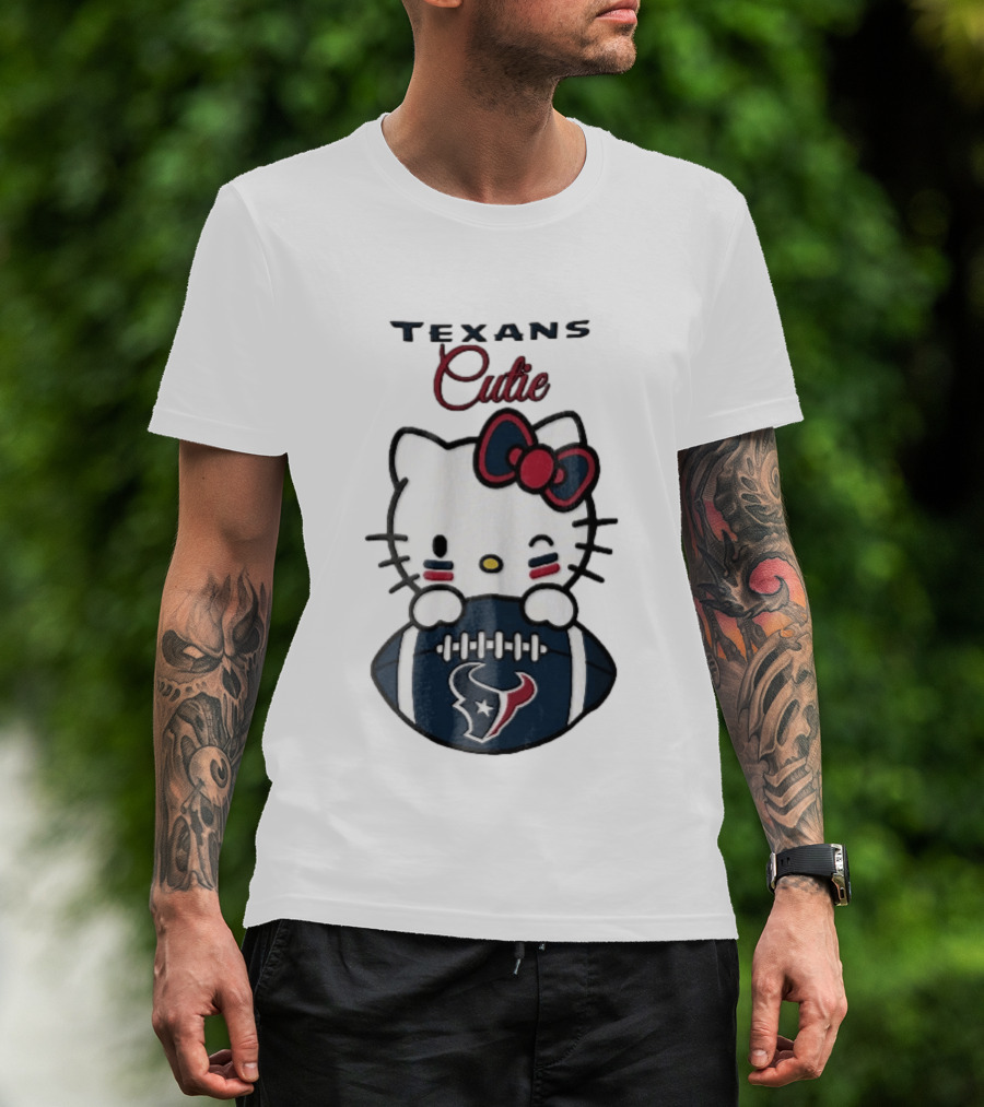 Texans Cutie Cartoon Cat Red Bow Winking Football T-Shirt