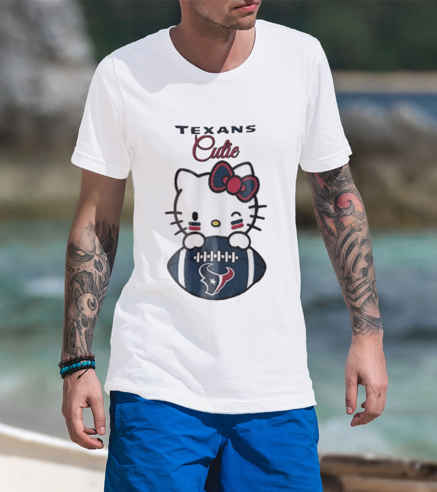 Texans Cutie Cartoon Cat Red Bow Winking Football T-Shirt