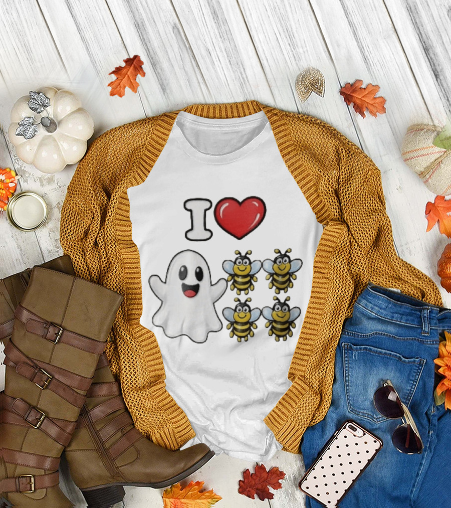 I Love Heart Ghost Honeybees Fun Halloween Cute T-Shirt