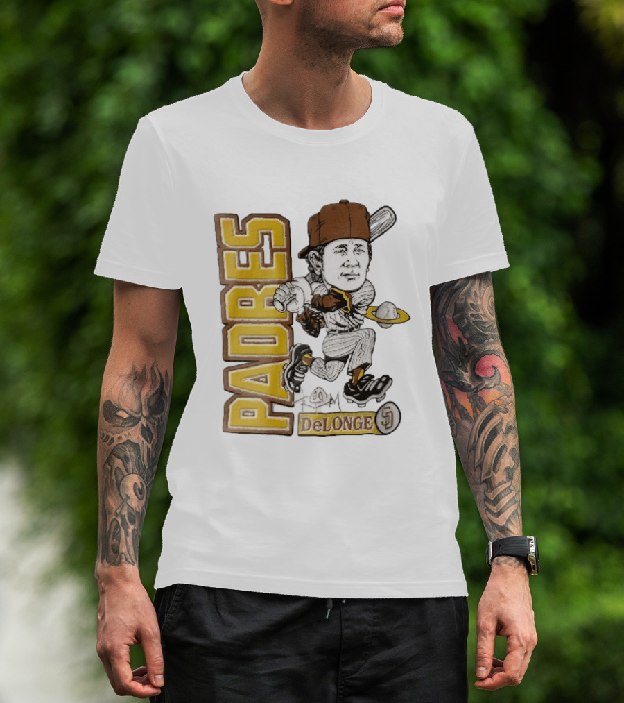 San Diego Padres DeLonge Cartoon Caricature Batter With Orbit Baseball T-Shirt