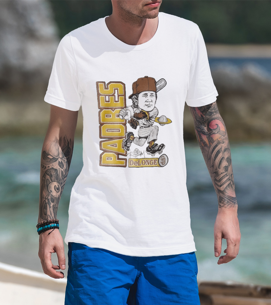 San Diego Padres DeLonge Cartoon Caricature Batter With Orbit Baseball T-Shirt