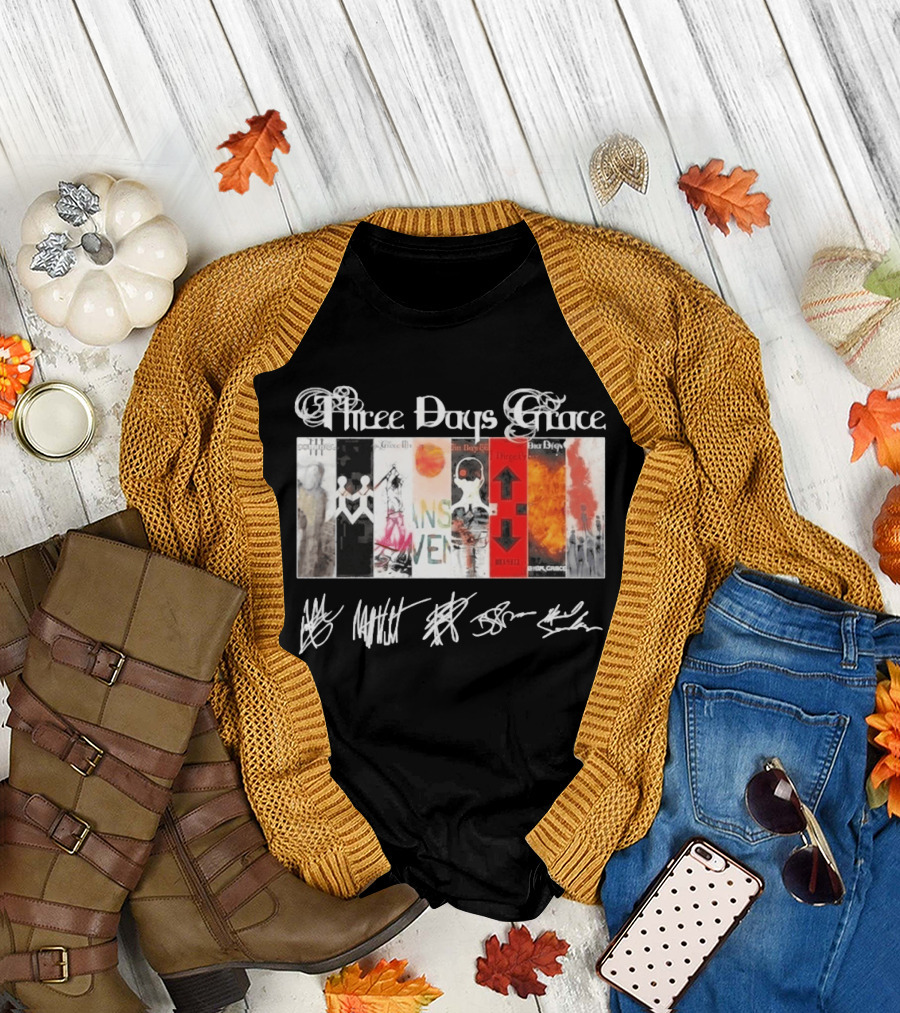 Three Days Grace All Album Covers Band Signatures T-Shirt