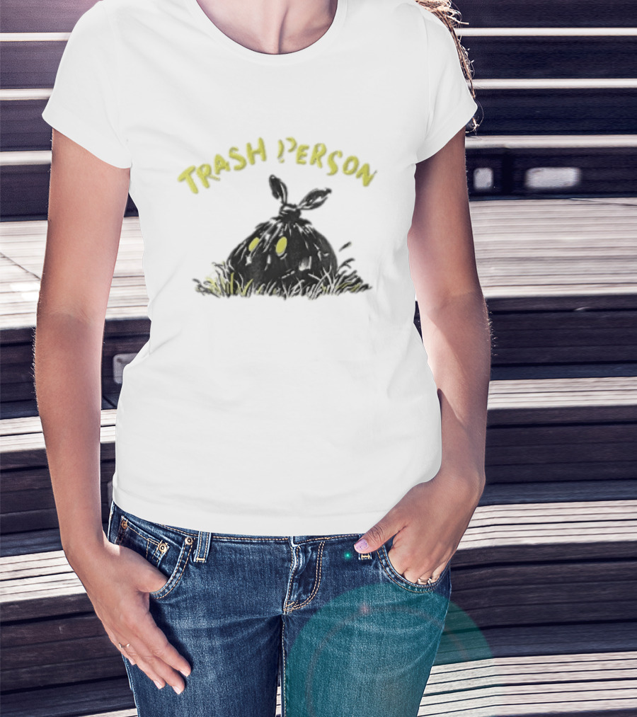 Trash Person Black Bag Creature Glowing Yellow Eyes Grass Monster T-Shirt