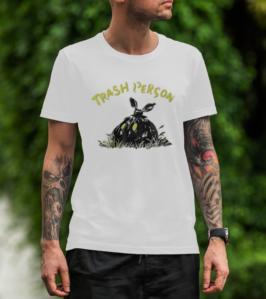 Trash Person Black Bag Creature Glowing Yellow Eyes Grass Monster T-Shirt