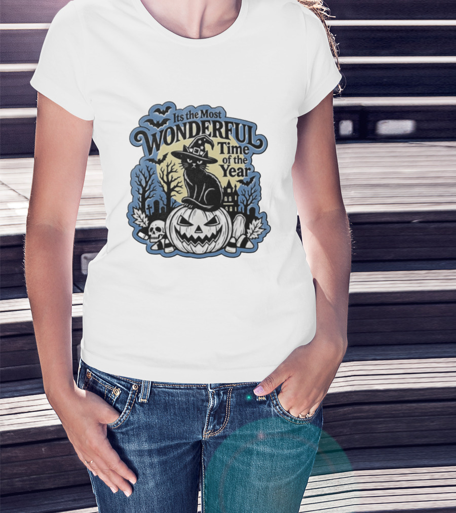 It's The Most Wonderful Time Of The Year Witch Cat Pumpkin Halloween T-Shirt