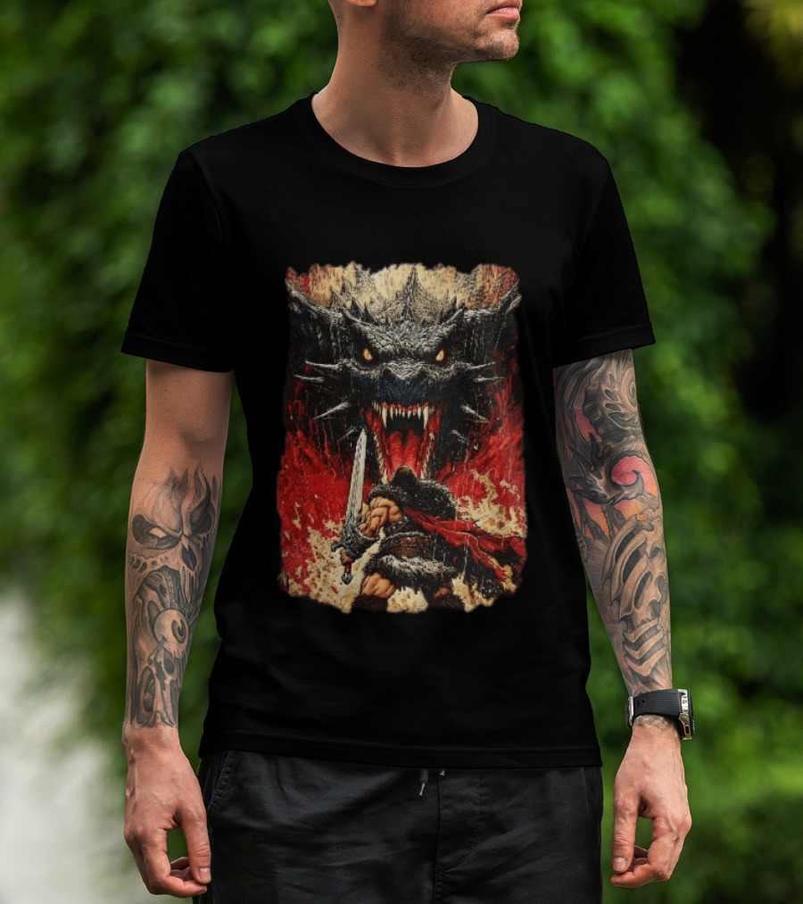 Barbarian Warrior Sword Battle Roaring Dragon Fiery Flames Art Ink Line T-Shirt