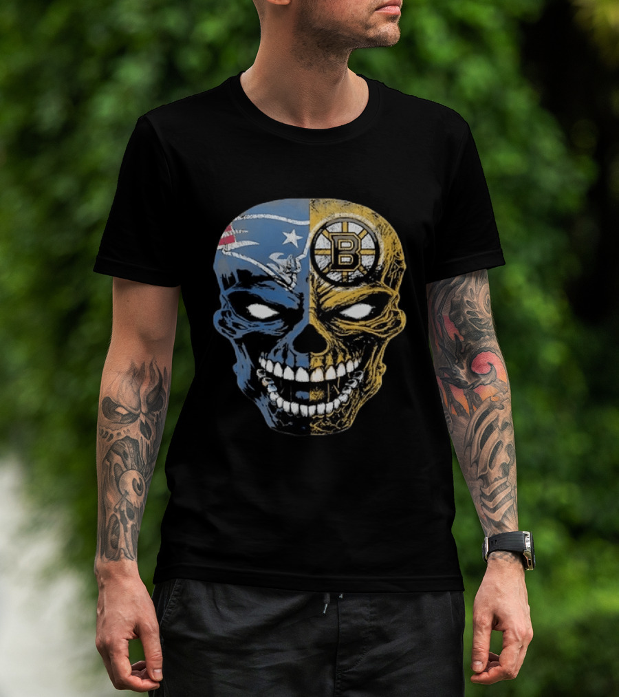 Boston Sports Skull New England Patriots Boston Bruins Fan Fusion T-Shirt