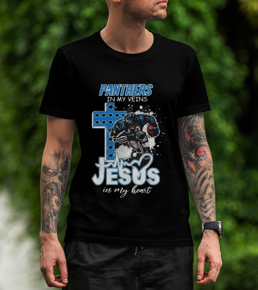 Panthers In My Veins Jesus In My Heart Carolina Football Athlete Cross T-Shirt