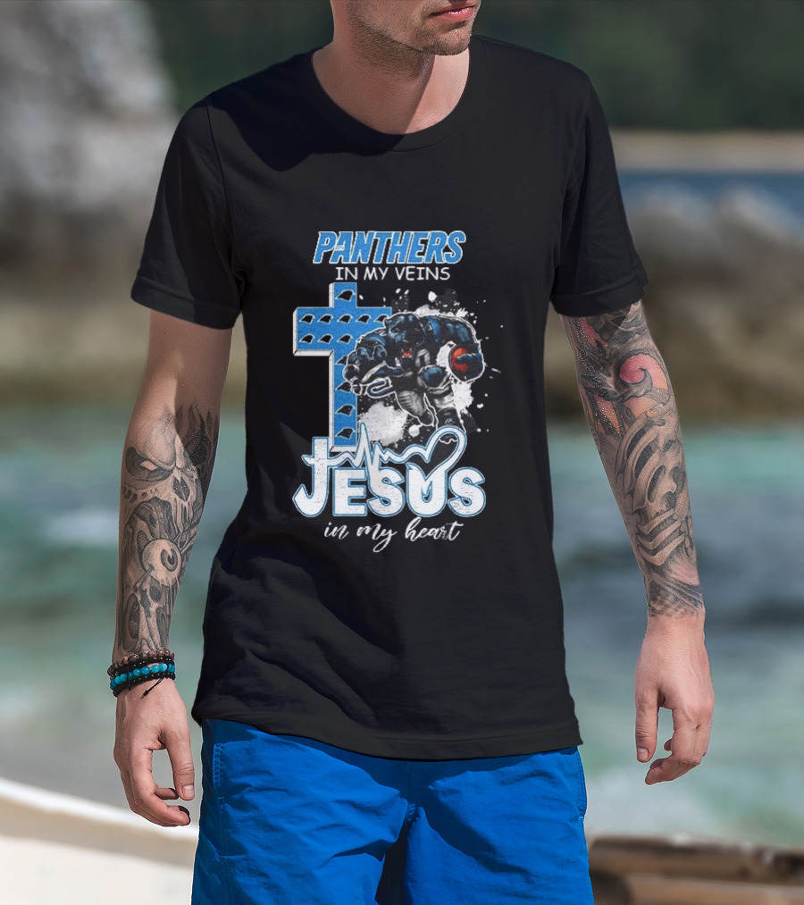 Panthers In My Veins Jesus In My Heart Carolina Football Athlete Cross T-Shirt