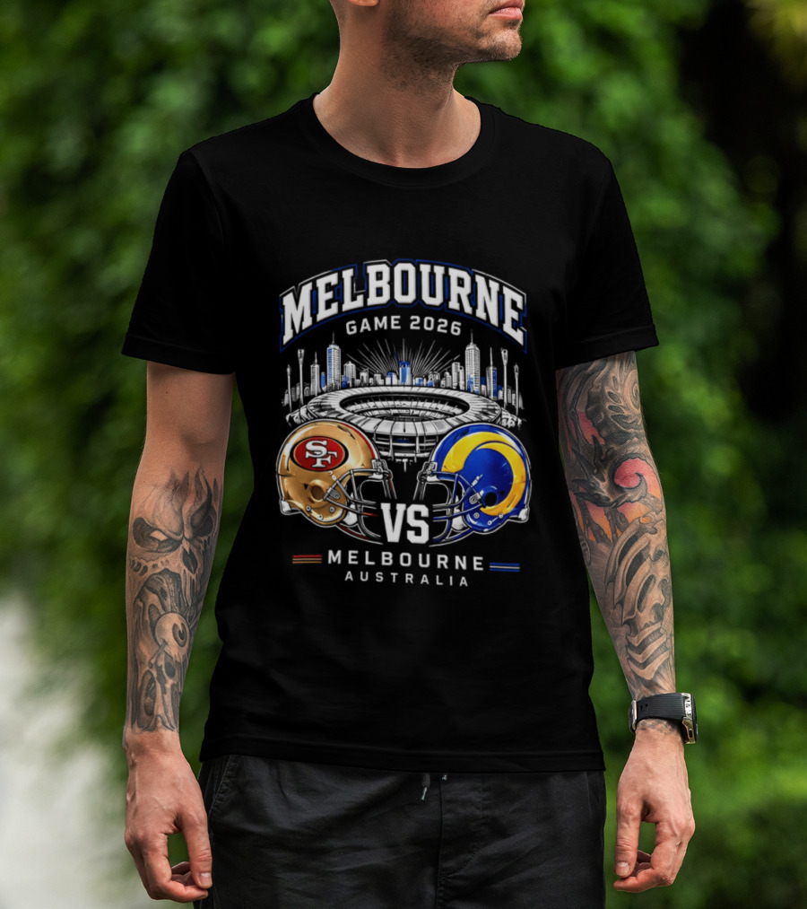 Melbourne Game 2026 San Francisco 49ers Vs Los Angeles Rams Australia Helmets T-Shirt
