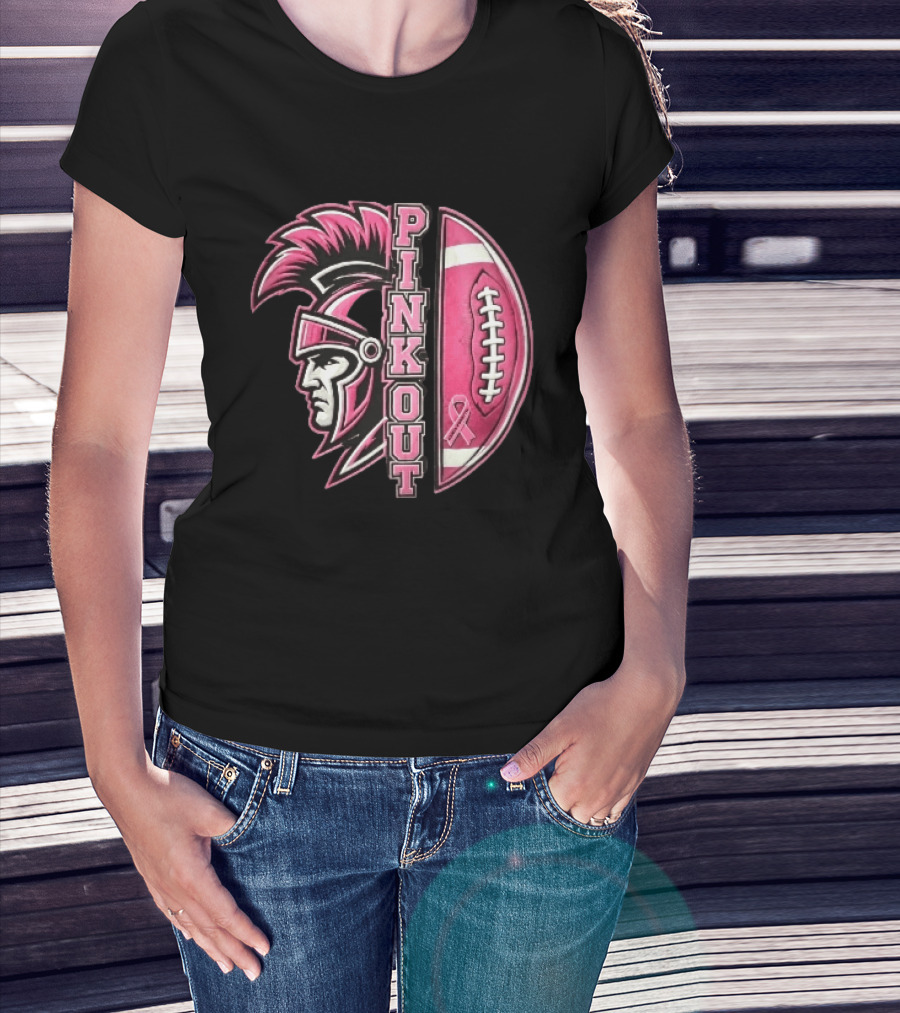 Maroa Forsyth Trojans Pink Out Football Helmet Breast Cancer Awareness Ribbon T-Shirt