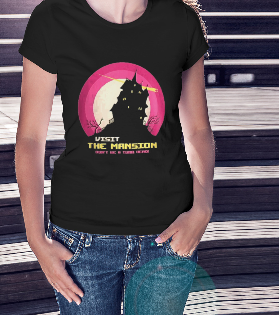 Visit The Mansion Don't Be A Tuna Head Pixel Spooky House Moon Skeleton Trees Yellow Meteor T-Shirt