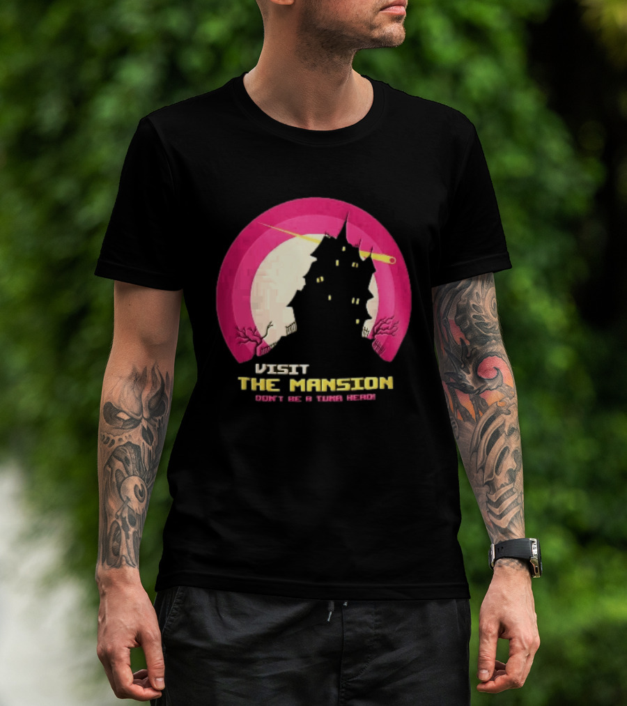 Visit The Mansion Don't Be A Tuna Head Pixel Spooky House Moon Skeleton Trees Yellow Meteor T-Shirt