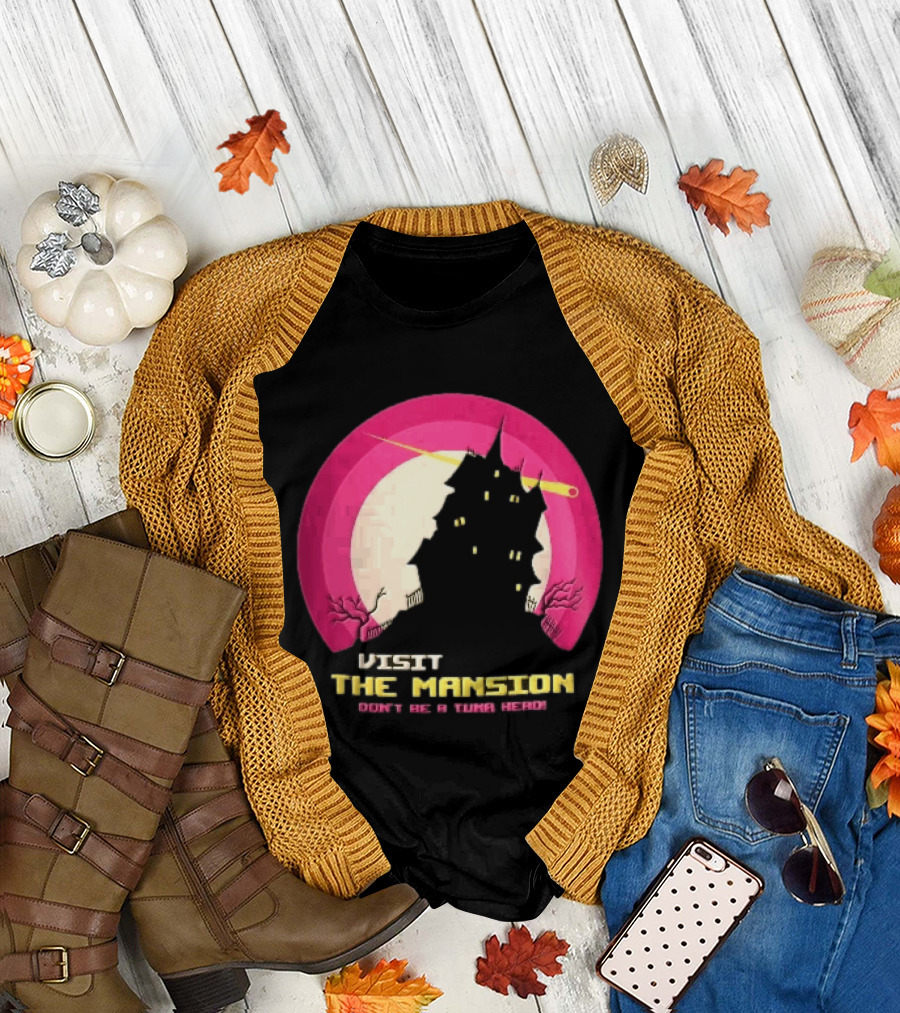 Visit The Mansion Don't Be A Tuna Head Pixel Spooky House Moon Skeleton Trees Yellow Meteor T-Shirt