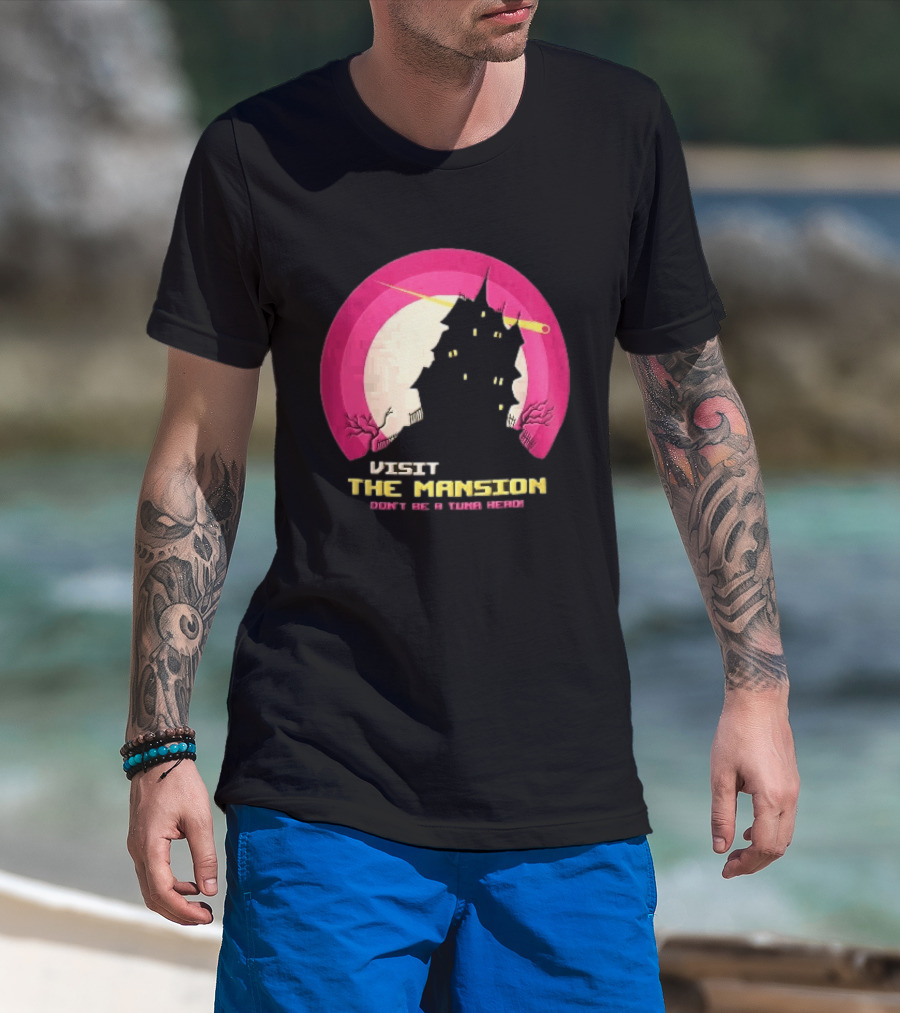 Visit The Mansion Don't Be A Tuna Head Pixel Spooky House Moon Skeleton Trees Yellow Meteor T-Shirt