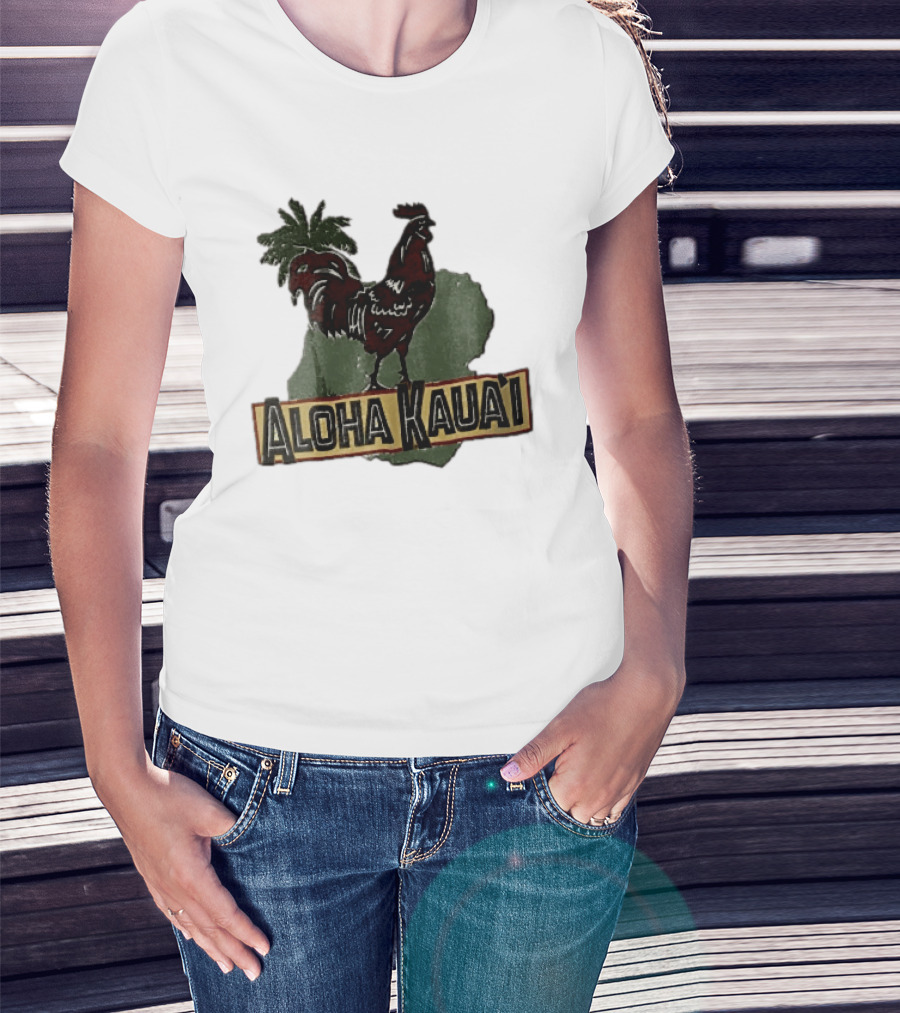 Aloha Kauai Red Rooster Palm Tree Island Map T-Shirt