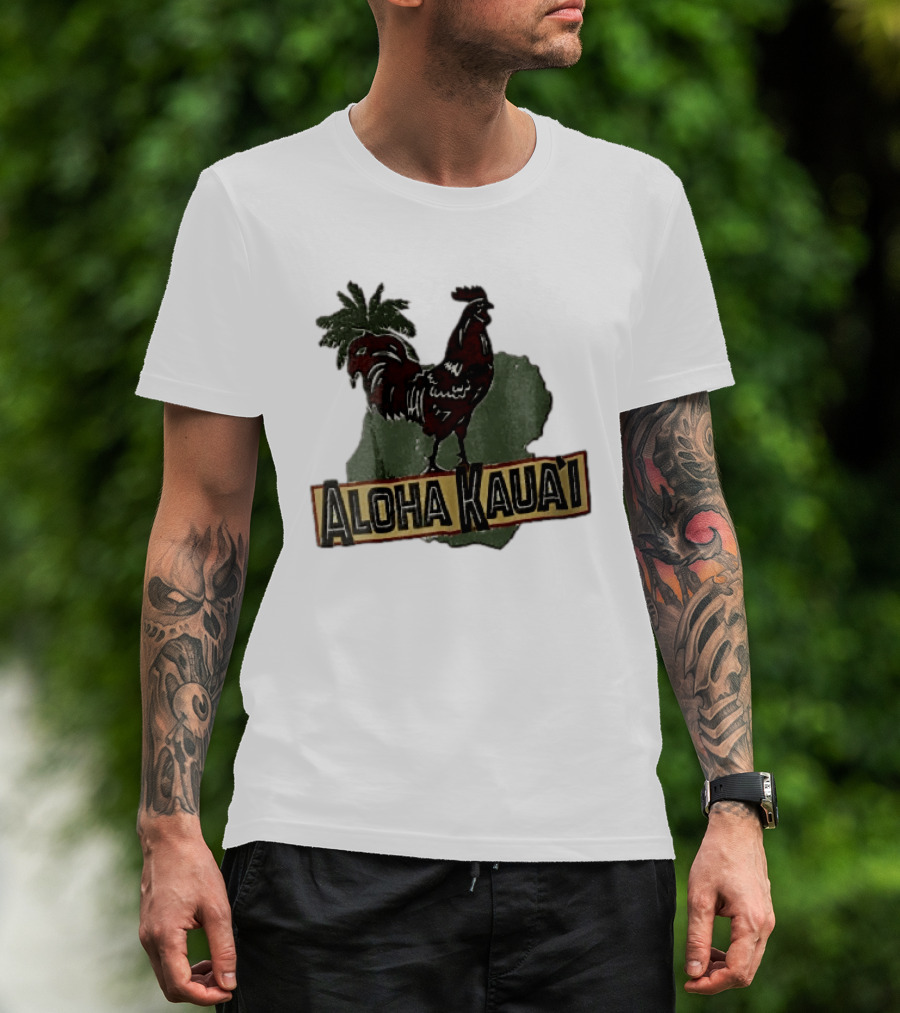 Aloha Kauai Red Rooster Palm Tree Island Map T-Shirt