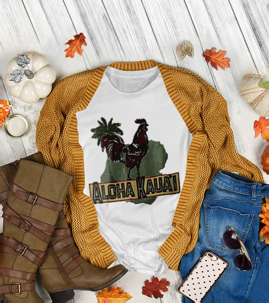 Aloha Kauai Red Rooster Palm Tree Island Map T-Shirt