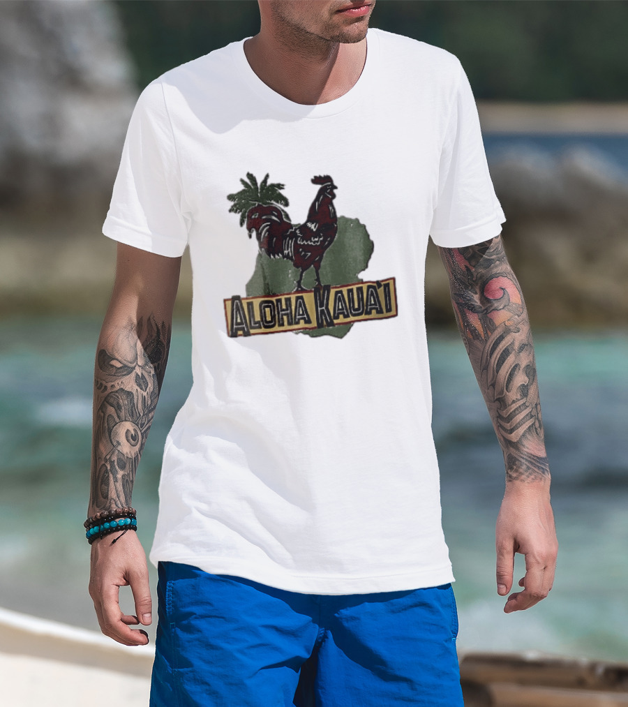 Aloha Kauai Red Rooster Palm Tree Island Map T-Shirt