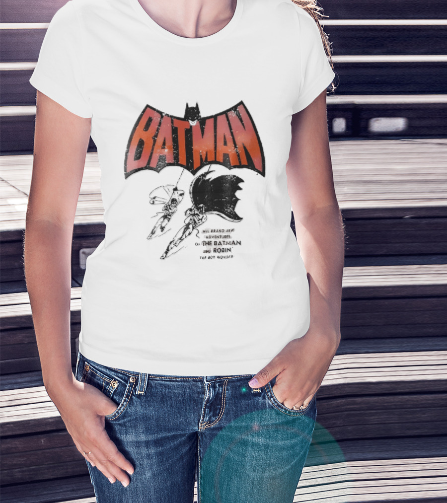 Batman All Brand New Adventures The And Robin Boy Wonder Distressed Line Swinging Capes T-Shirt