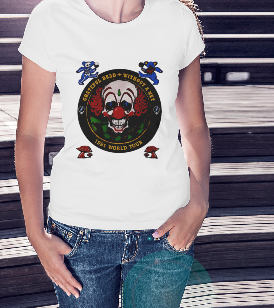 Grateful Dead Clown Skull Without A Net 1991 World Tour Dancing Bear T-Shirt