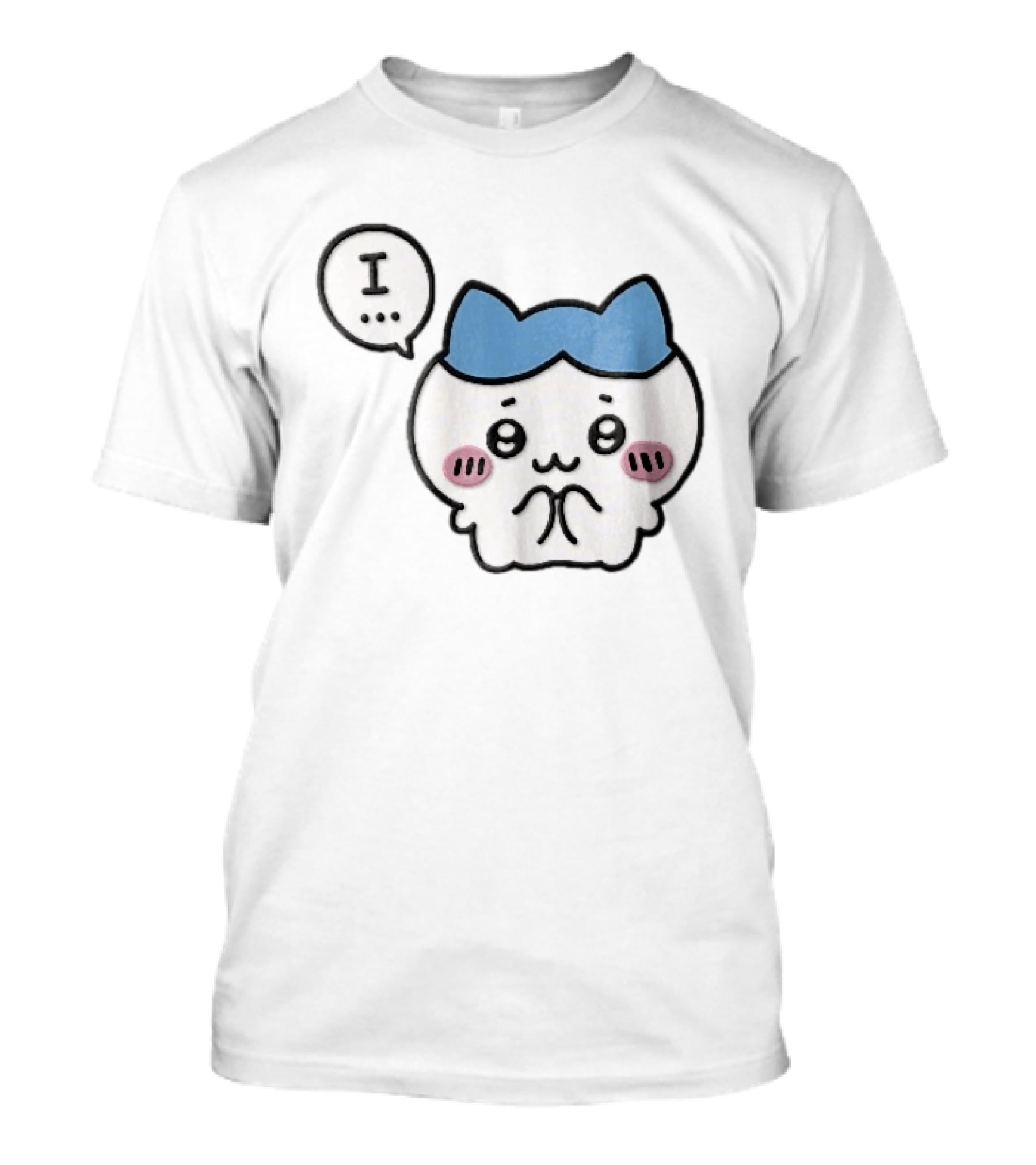 Shy White Cat With Blue Ears Blushing Expression Speech Bubble Text I T-Shirt