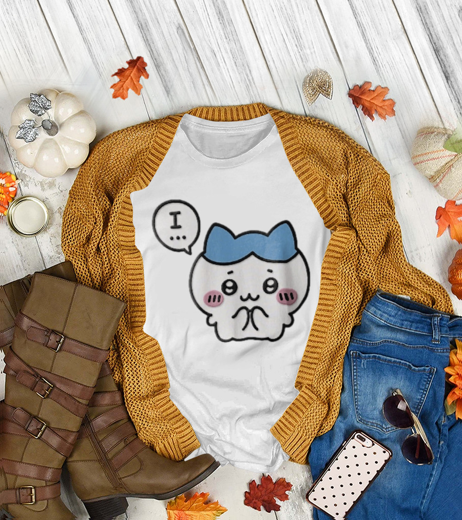 Shy White Cat With Blue Ears Blushing Expression Speech Bubble Text I T-Shirt