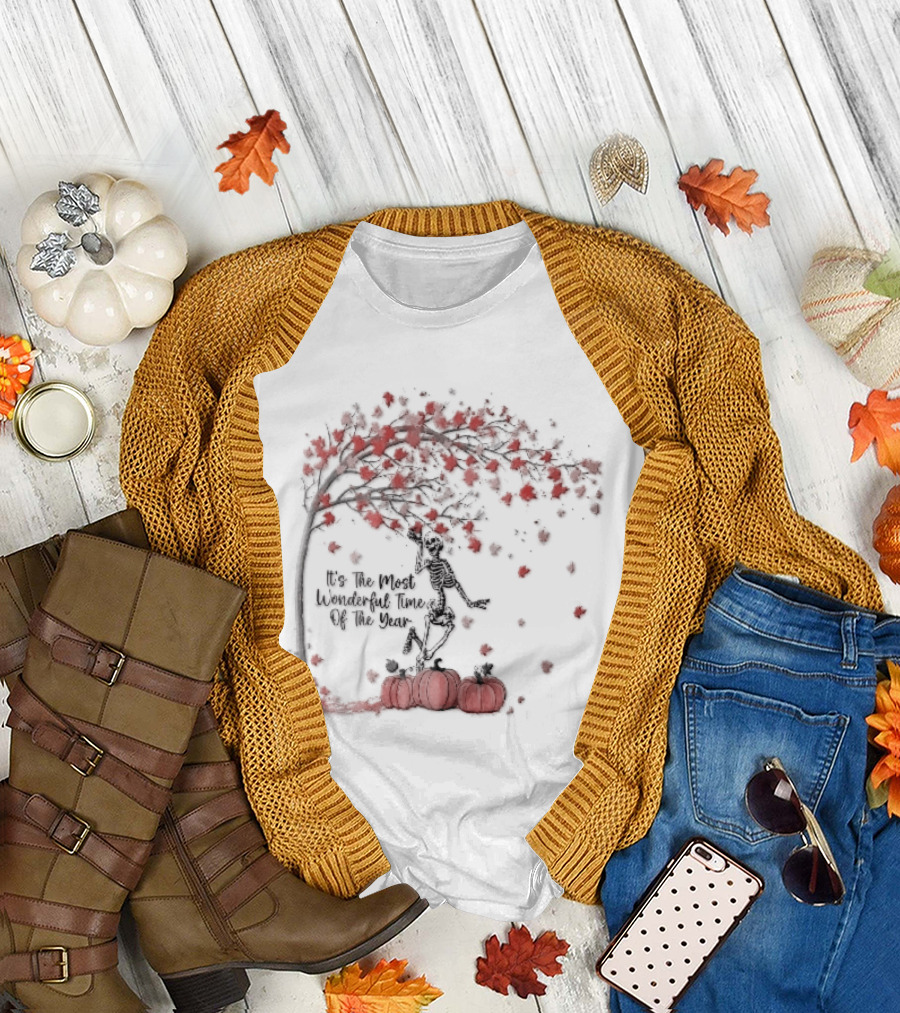 It's The Most Wonderful Time Of Year Dancing Skeleton Autumn Tree Pumpkins T-Shirt