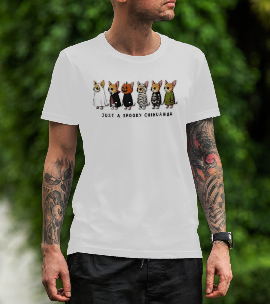 Just A Spooky Chihuahua Cartoon Dogs In Halloween Costumes Ghost Pumpkin Mummy Skeleton Monster T-Shirt