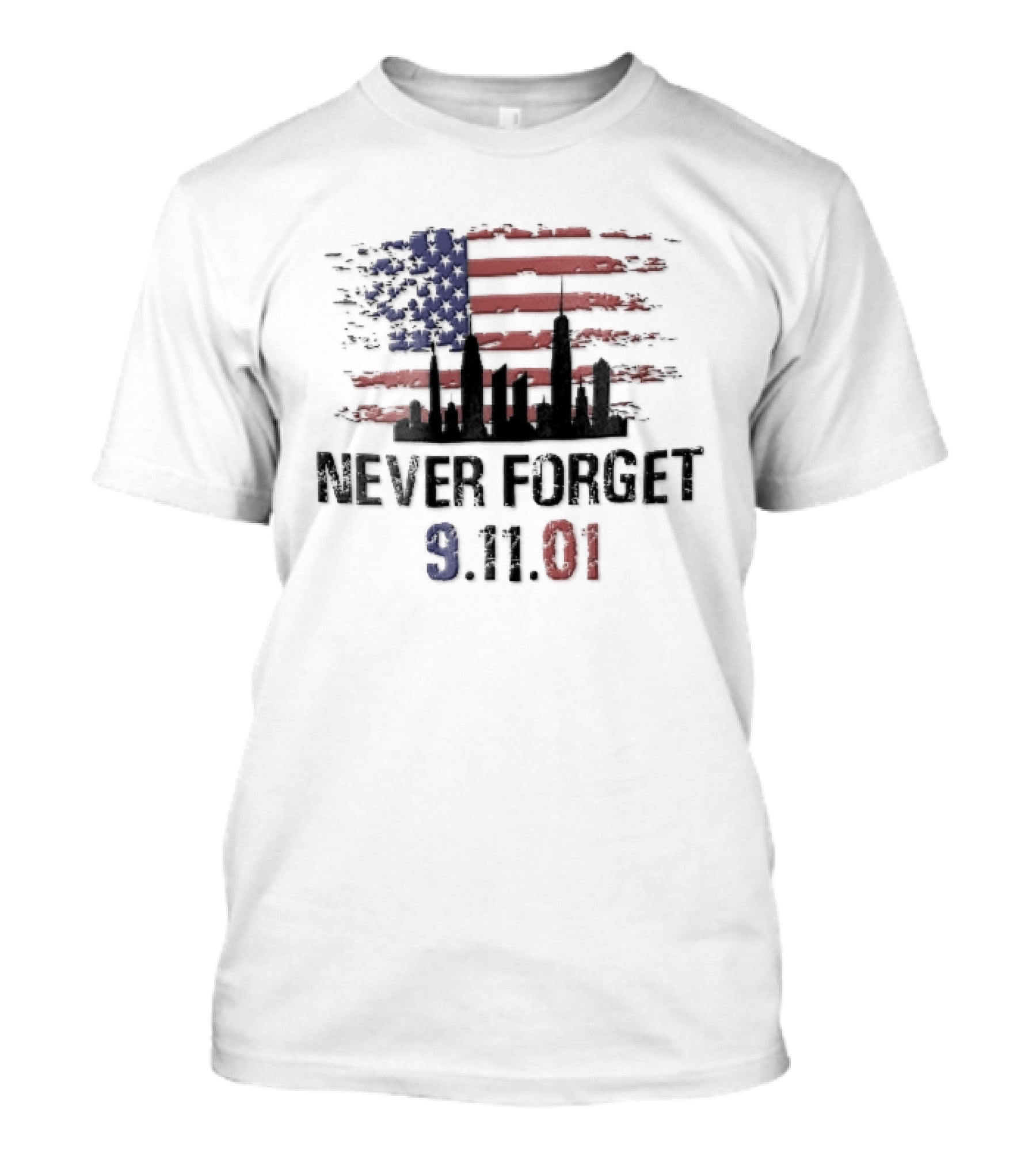 Never Forget 9 11 01 Distressed American Flag NYC Skyline T-Shirt