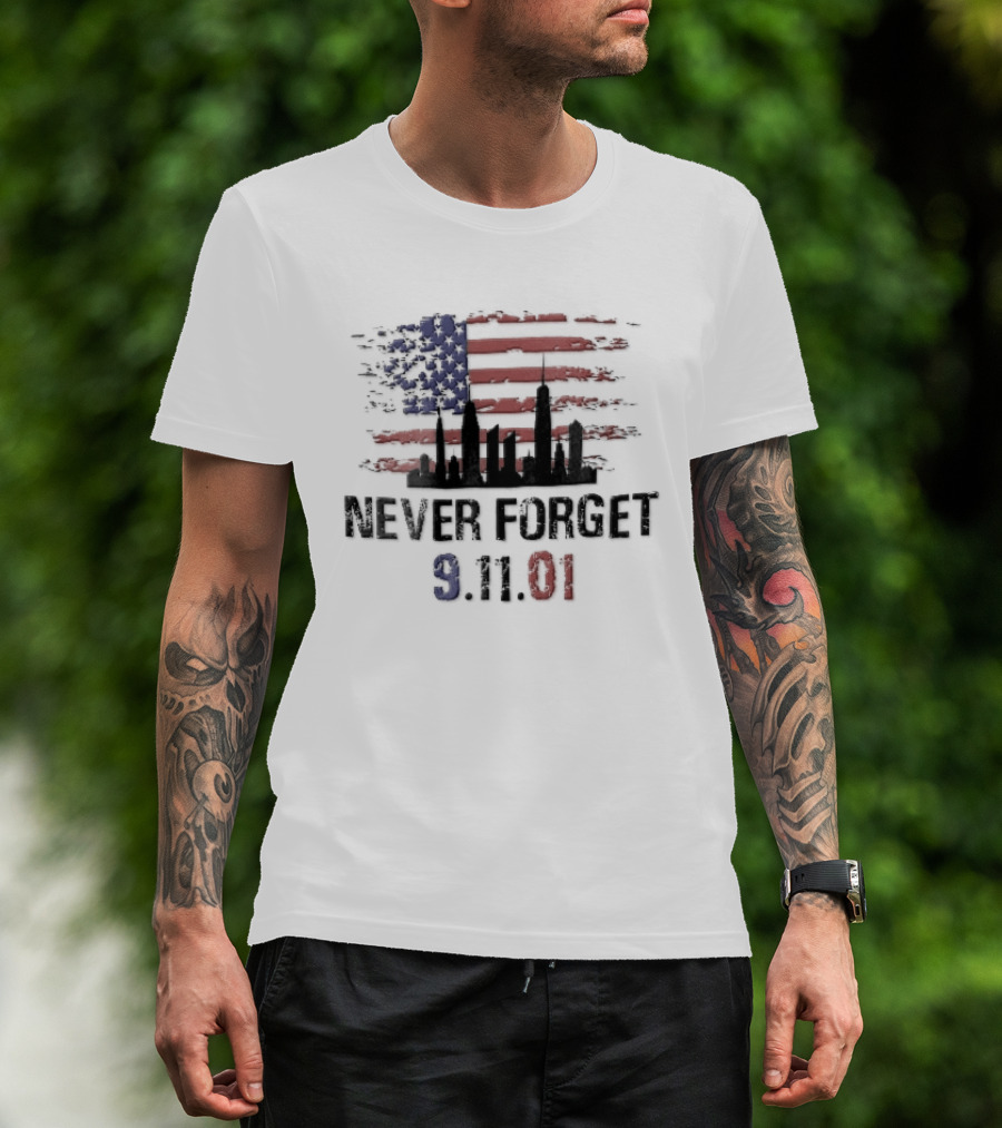 Never Forget 9 11 01 Distressed American Flag NYC Skyline T-Shirt