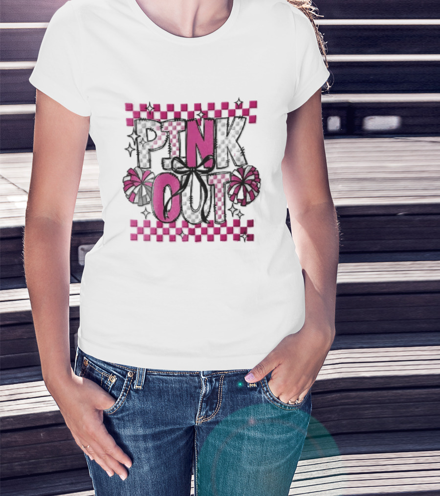 Pink Out Checkerboard Cheerleader Pom Poms Black Ribbon Bow Sparkles T-Shirt