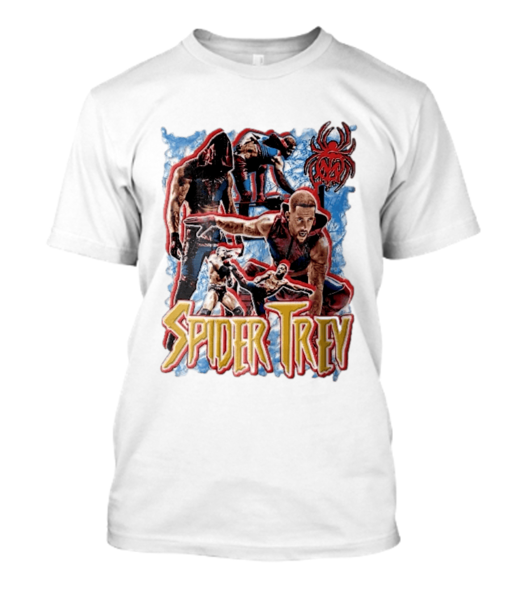 Spider Trey Professional Wrestler Action Collage With Blue Smoke And Red Spider T-Shirt