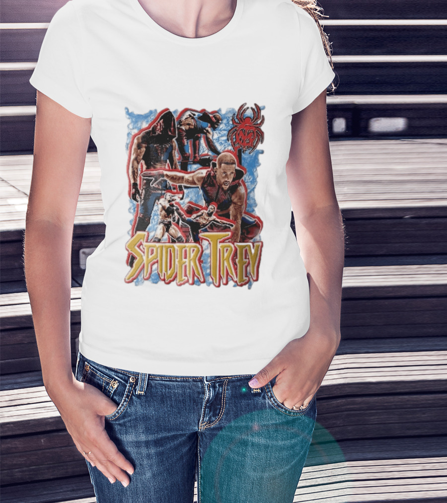 Spider Trey Professional Wrestler Action Collage With Blue Smoke And Red Spider T-Shirt