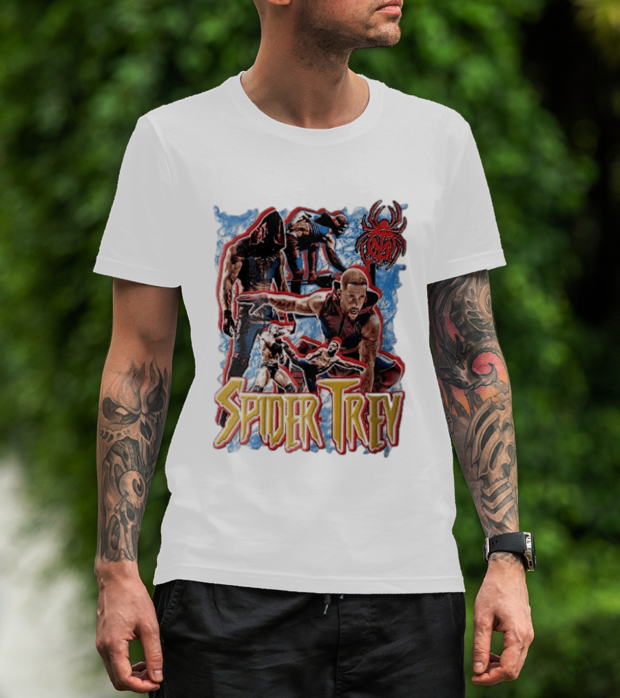 Spider Trey Professional Wrestler Action Collage With Blue Smoke And Red Spider T-Shirt