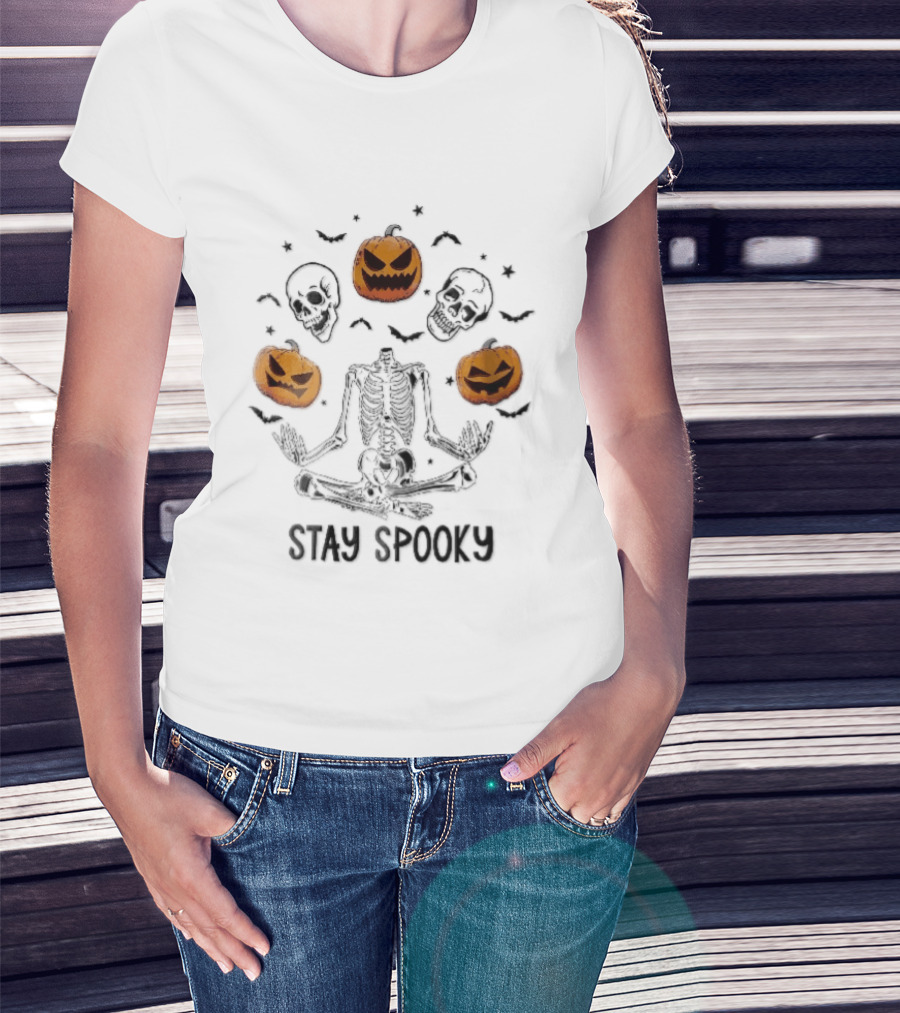 Stay Spooky Headless Skeleton Meditating Floating Skulls Pumpkins Bats Halloween T-Shirt