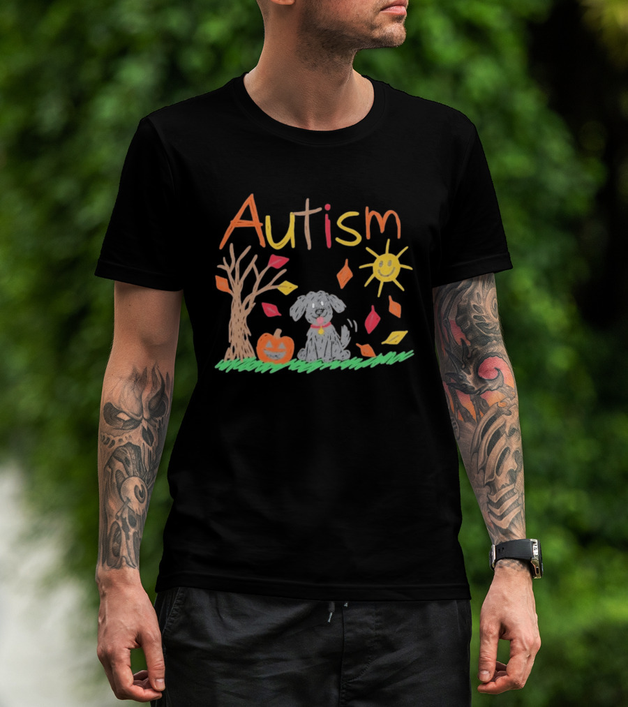 Autism Awareness Fall Puppy Pumpkin Autumn Leaves Sun Drawing T-Shirt
