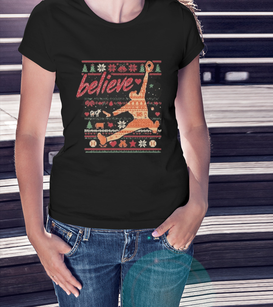 Believe Orioles Air Cowser Ugly Christmas Festive Sweater Baseball Catch T-Shirt