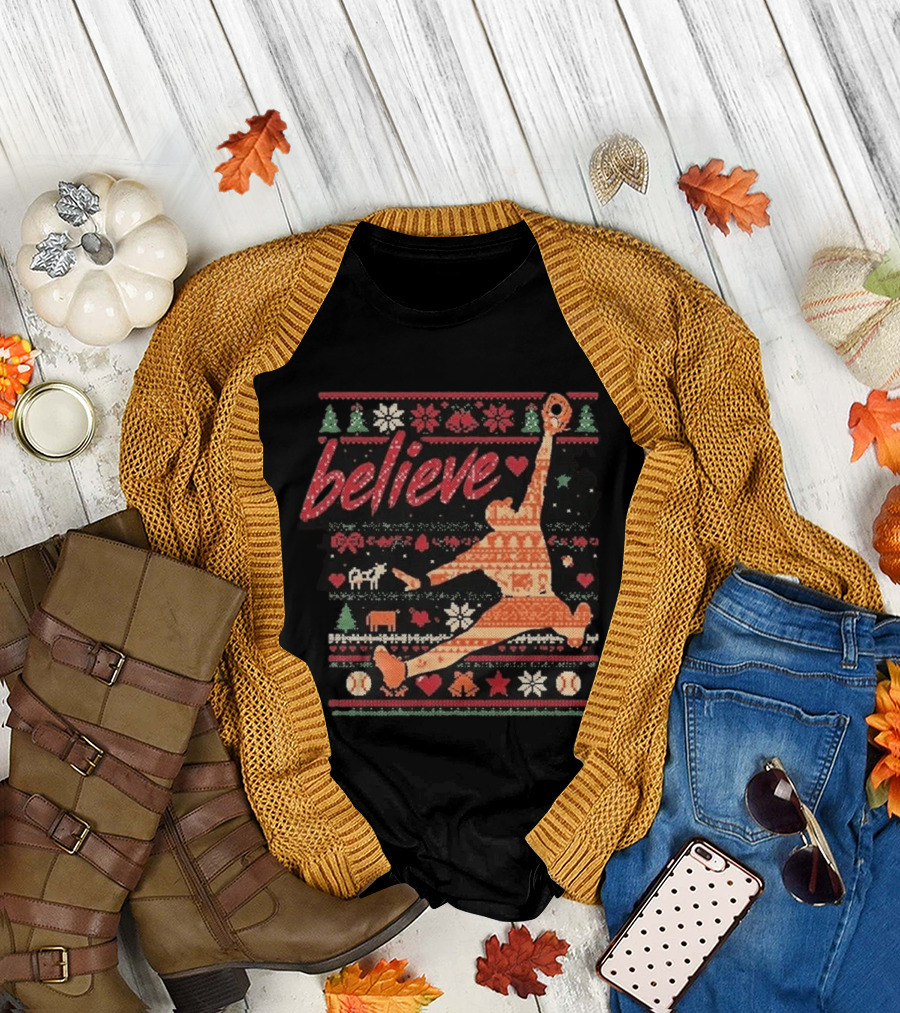 Believe Orioles Air Cowser Ugly Christmas Festive Sweater Baseball Catch T-Shirt