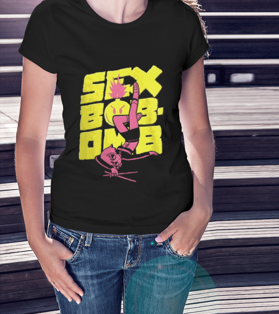 Sex Bob Omb Inverted Pink Cartoon Drummer With Drumsticks Bold Yellow T-Shirt