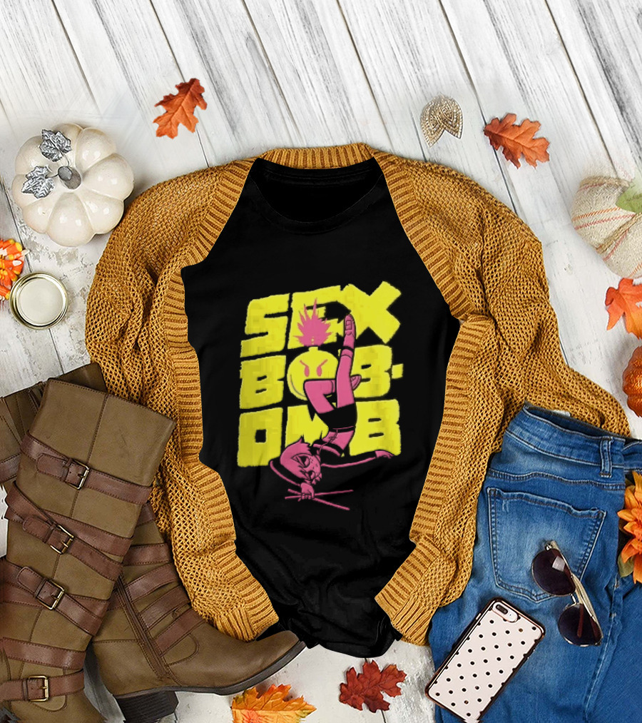 Sex Bob Omb Inverted Pink Cartoon Drummer With Drumsticks Bold Yellow T-Shirt