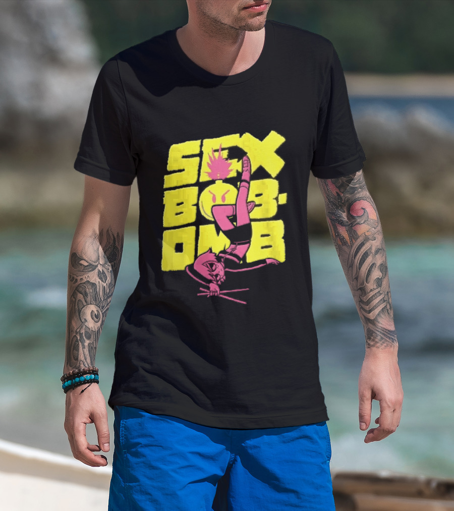 Sex Bob Omb Inverted Pink Cartoon Drummer With Drumsticks Bold Yellow T-Shirt
