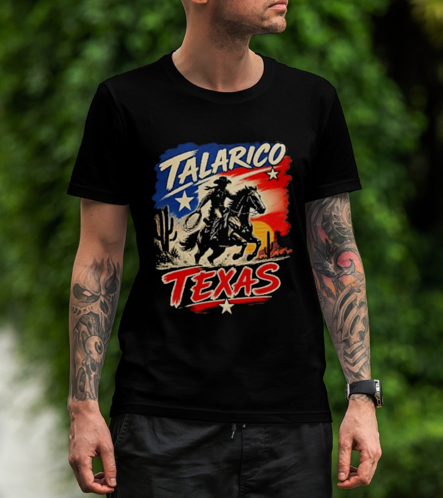 Talarico Texas Cowboy Riding Silhouette With Lone Star And Cactus T-Shirt