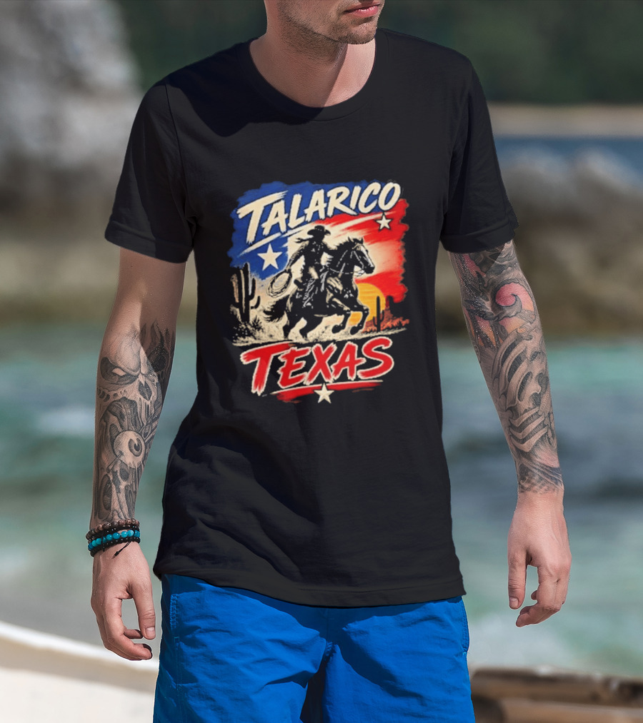 Talarico Texas Cowboy Riding Silhouette With Lone Star And Cactus T-Shirt
