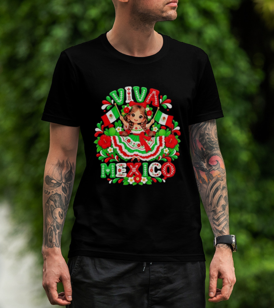 Viva Mexico Girl Festive Mexican Flags Floral Celebration T-Shirt